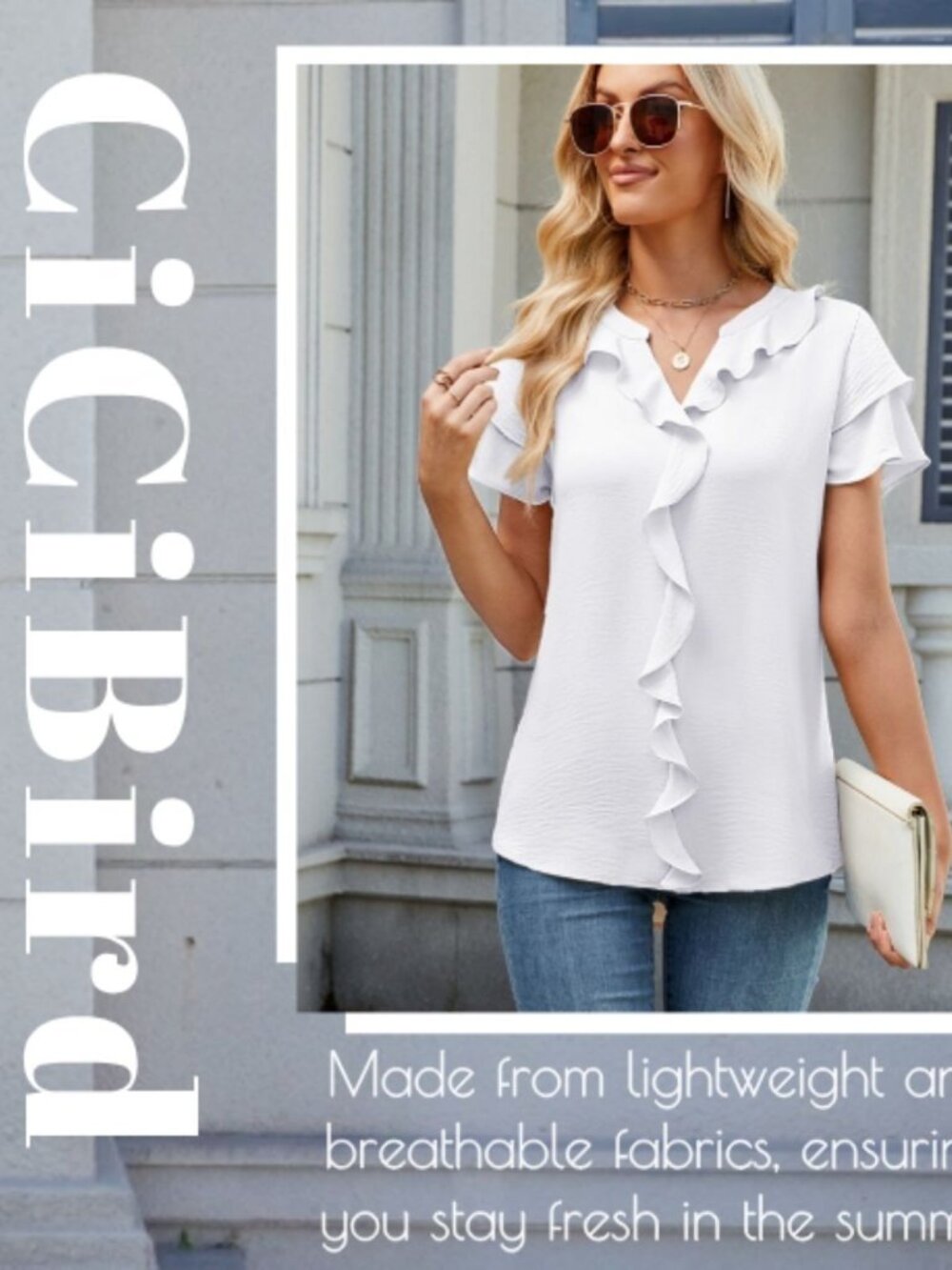Large White Ruffle Front Short Sleeve Tiered V Neck Chiffon Blouse - Picture 3 of 7